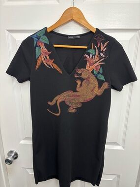 Zara V-Neck Black Dress with Embroidered Panther Multicolor Floral Motif, S